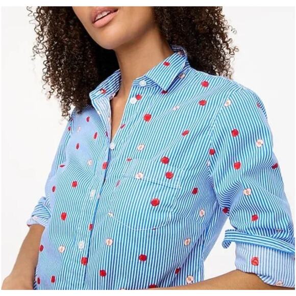 J.Crew Women's M Poplin Button Up Shirt Signature Fit Stripe Apple Print Teacher - Picture 1 of 11